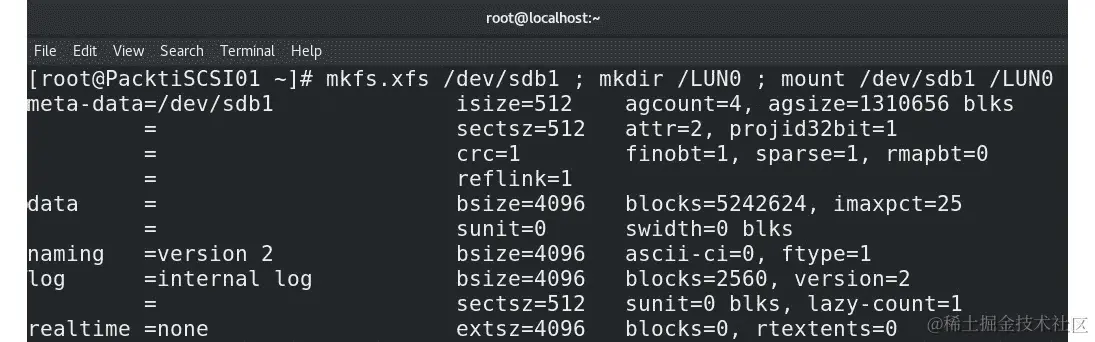 图 5.8 - 格式化 XFS 文件系统，创建目录，并将其挂载到该目录