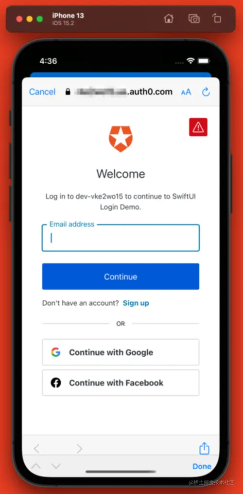 The Auth0 Universal Login web page, with Auth0 logo and “email address” and “password” fields.