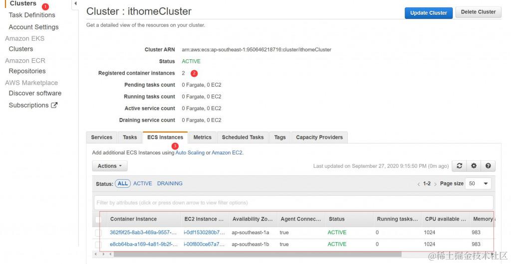 确认丛集内的 EC2 实例是否执行