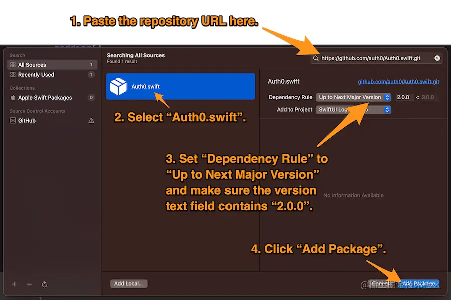 The “Add Packages” window, with instructions for adding the “Auth0.swift” package.