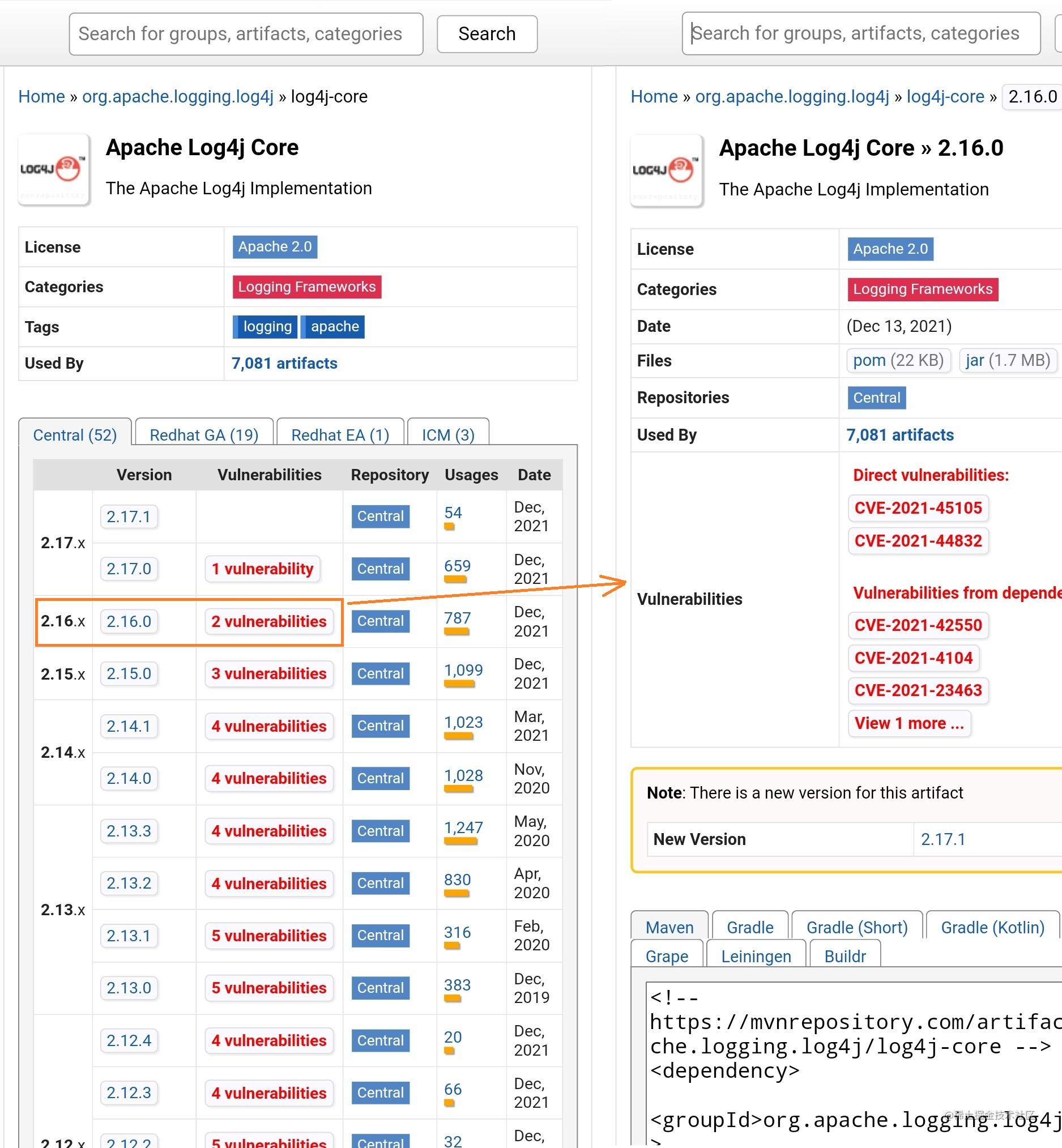 mvnrepository增加了漏洞提示