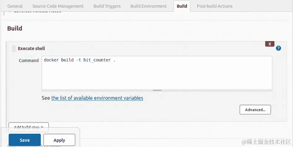图 8.17：在“执行 shell 命令”框中输入 docker 构建命令
