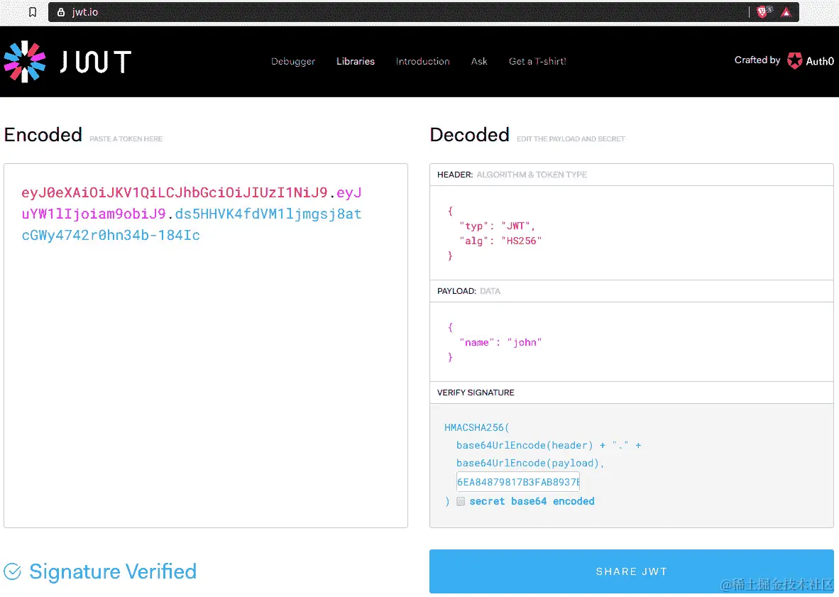 图 4.22：显示 JWT.io 与 JWT 数据