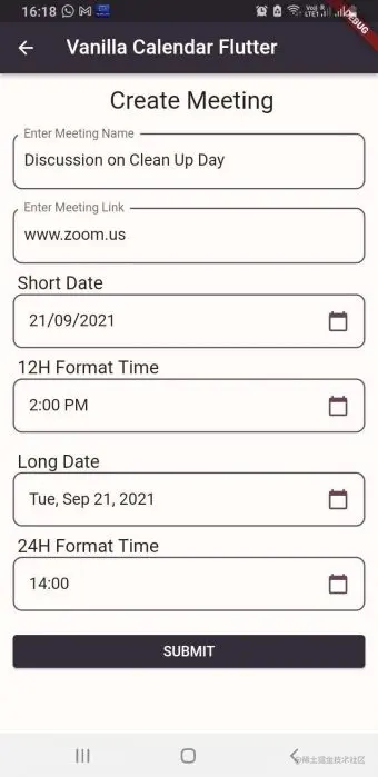 Flutter Calendar Widget Demo Form Filled