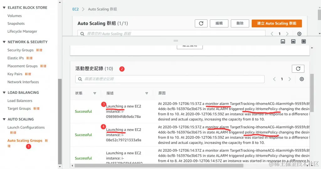 观察Auto Scaling Groups活动的历史纪录