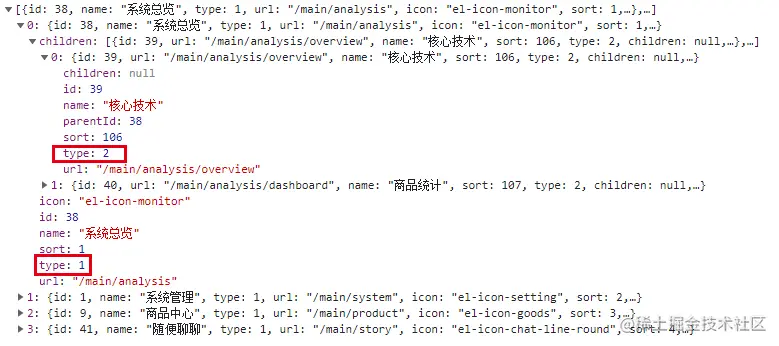 接口返回的菜单