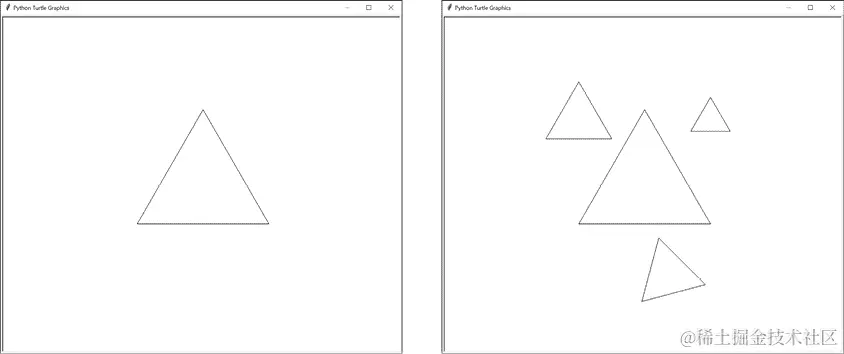 两个乌龟图形截图。第一个显示等边三角形的轮廓。第二个显示相同的三角形轮廓，以及另外三个较小的等边三角形：两个在第一个上方，第三个在下方并稍微向左旋转。