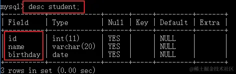 查看student表的结构