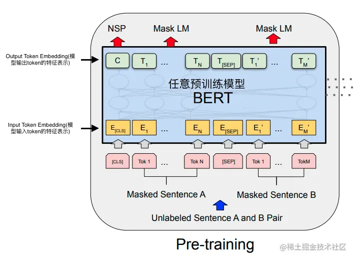 这里以BERT论文内示意图为例，目前绝大多数基于Transformer的预训练模型结构都是相似的