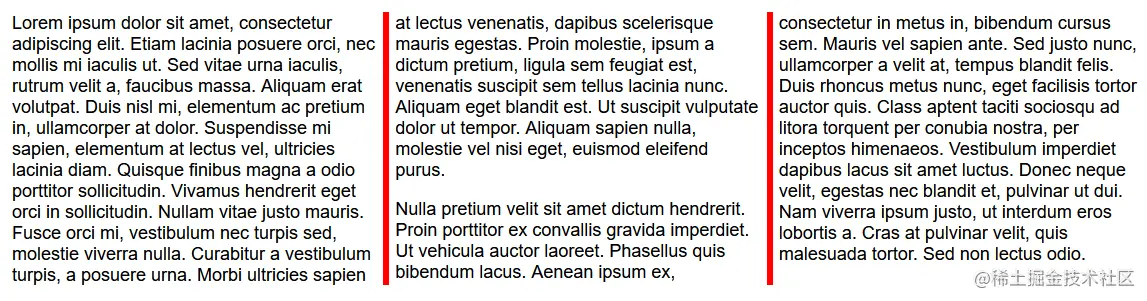 The same three columns of plain text, but with a red border between the columns.