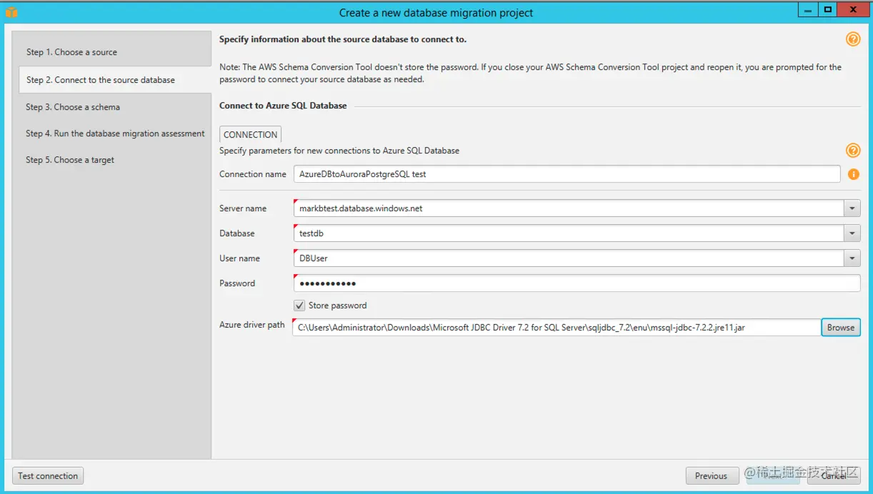 从 AWS SCT 连接到 AzureSQL