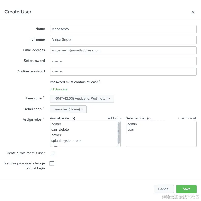 图 14.4：在 Splunk 上创建新用户
