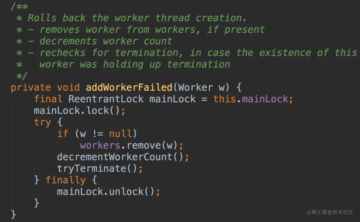 workers 中删除掉相应的 worker,workCount 减 1
private void addWor