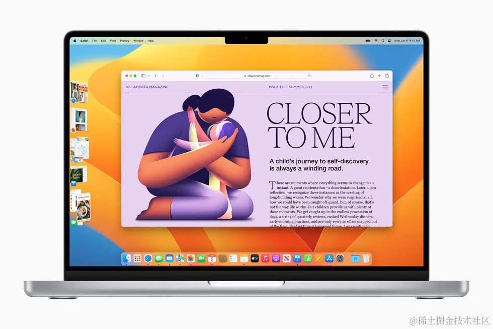在 14 英寸 MacBook Pro 上，全新台前调度功能将数个 app 窗口叠放在 Safari 浏览器窗口左侧。