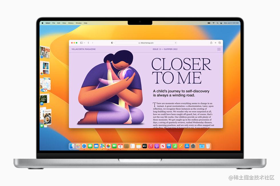 在 14 英寸 MacBook Pro 上，全新台前调度功能将数个 app 窗口叠放在 Safari 浏览器窗口左侧。