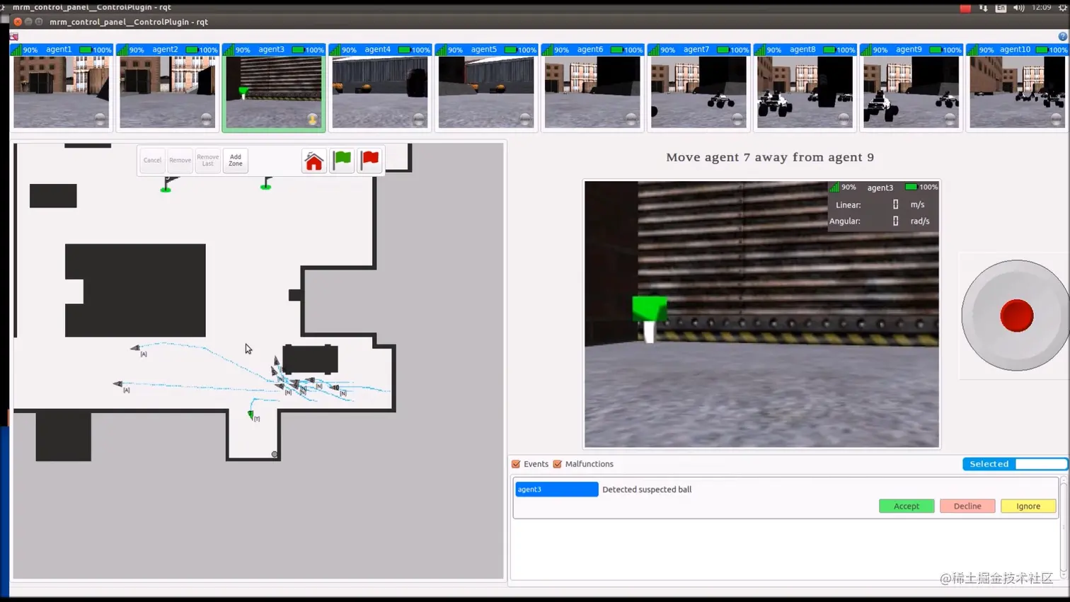 Screenshot of video feed and map view for 10 robots
