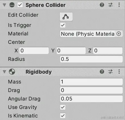 图 15.8 - 我们子弹的运动触发器设置；Is Trigger 和 Is Kinematic 都被勾选了
