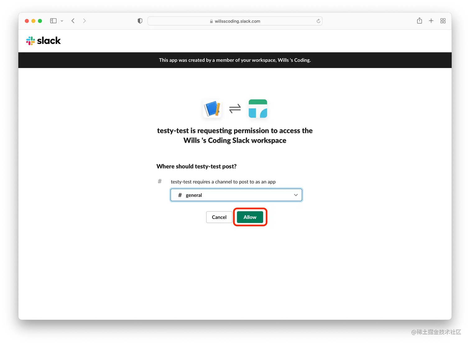 Slack app permissions page