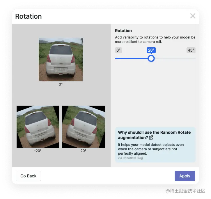 We're adding an augmentation that rotates by plus 20 and minus 20 degree values, the original image of the car is on top, below we see two images of the same car, skewed in the appropriate direction.