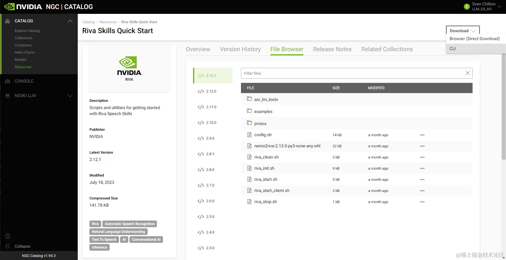 Screenshot of the NGC catalog page for the Riva Skills Quick Start Resource Folder. From left to right, the screenshot depicts a column containing the catalog menu, a column listing the asset’s basic metadata, and a larger rectangular field underneath several text buttons allowing users to explore more detailed properties of the resource.  