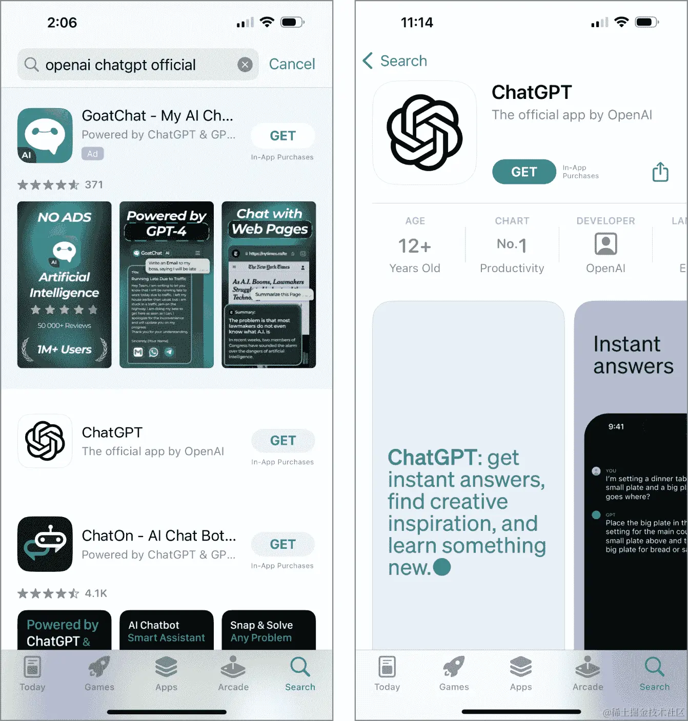 确保您选择 OpenAI 的 ChatGPT 应用而不是第三方应用。在应用的屏幕上（右侧），点击获取按钮开始安装的快照。