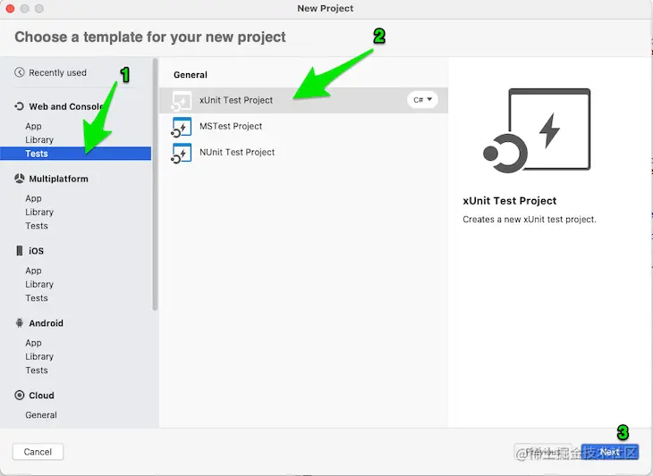 Visual Studio new test project page