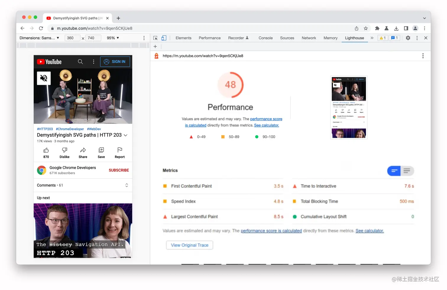YouTube移动网页的Lighthouse报告