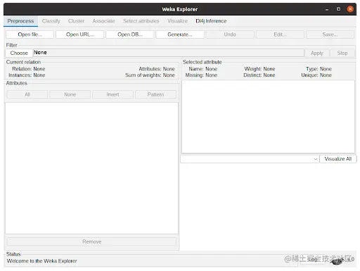 Screenshot of the WEKA Explorer window showing the Open file button.
