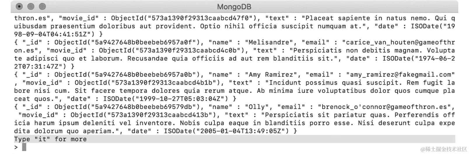图 4.6：mongo shell 中的前 20 个文档