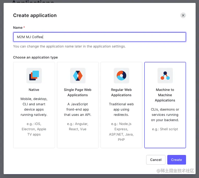 Creating a new M2M application in the Auth0 dashboard