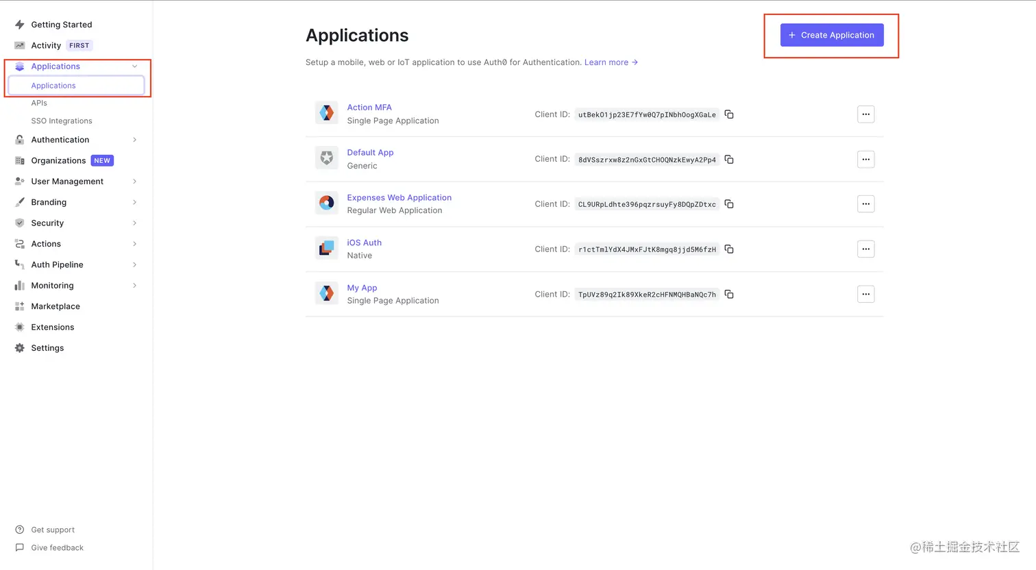 Auth0 Dashboard Application Page