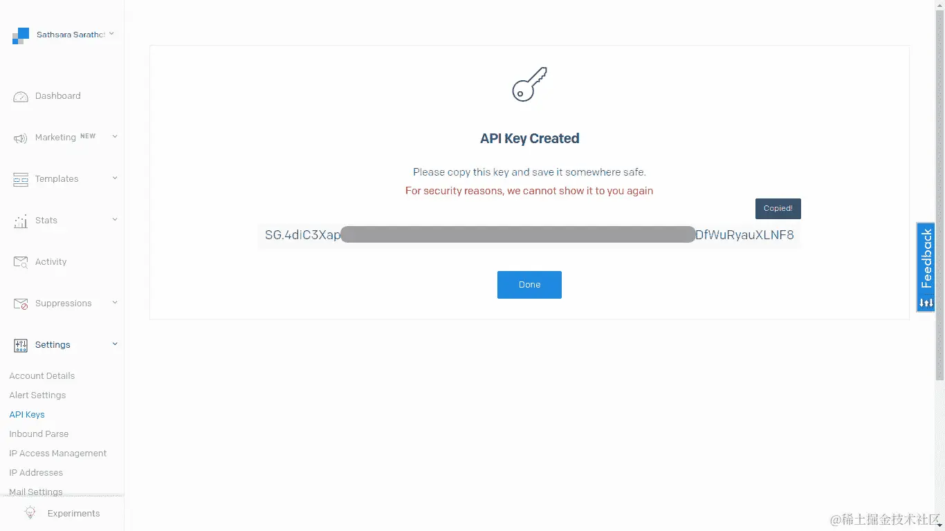 图 8.78：在 SendGrid 中生成的 API 密钥