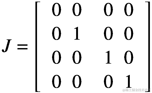J=\left[\begin{array}{cc}\begin{array}{cc}0&amp; 0\\ {}0&amp; 1\end{array}&amp; \begin{array}{cc}0&amp; 0\\ {}0&amp; 0\end{array}\\ {}\begin{array}{cc}0&amp; 0\\ {}0&amp; 0\end{array}&amp; \begin{array}{cc}1&amp; 0\\ {}0&amp; 1\end{array}\end{array}\right]