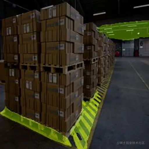 An image showing the semantic segmentation results on a warehouse scene with pallets and stacked boxes.  The segmentation model fails to detect pallets that aren't on the floor.
