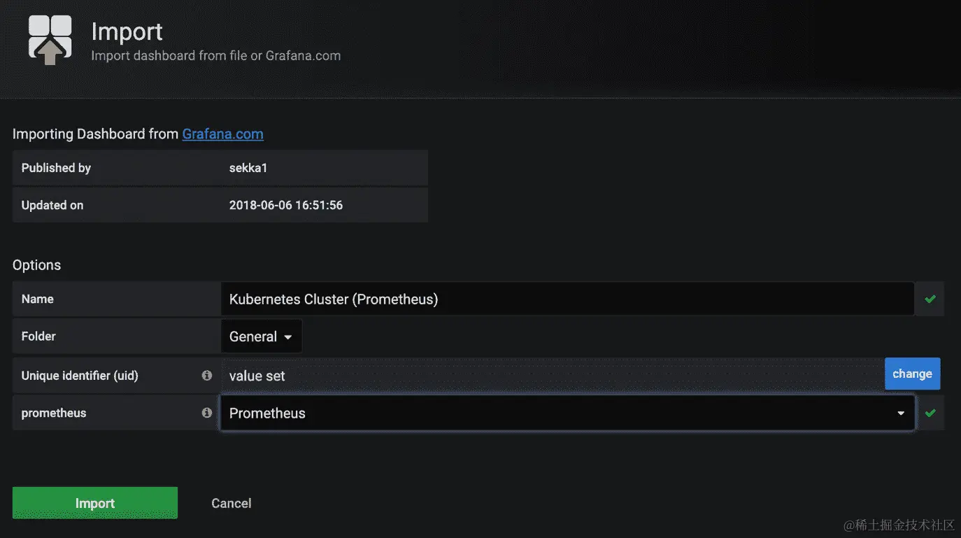 图 15.15：将 Prometheus 设置为导入仪表板的数据源