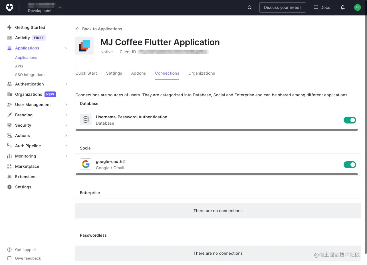 The “Connections” tab for the “MJ Coffee” application in the Auth0 dashboard. The user is directed to click the “Connections” tab.