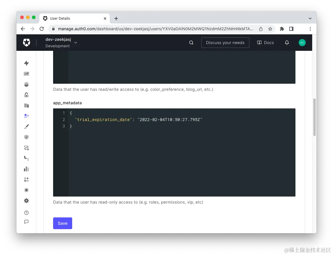 app_metadata section for the user