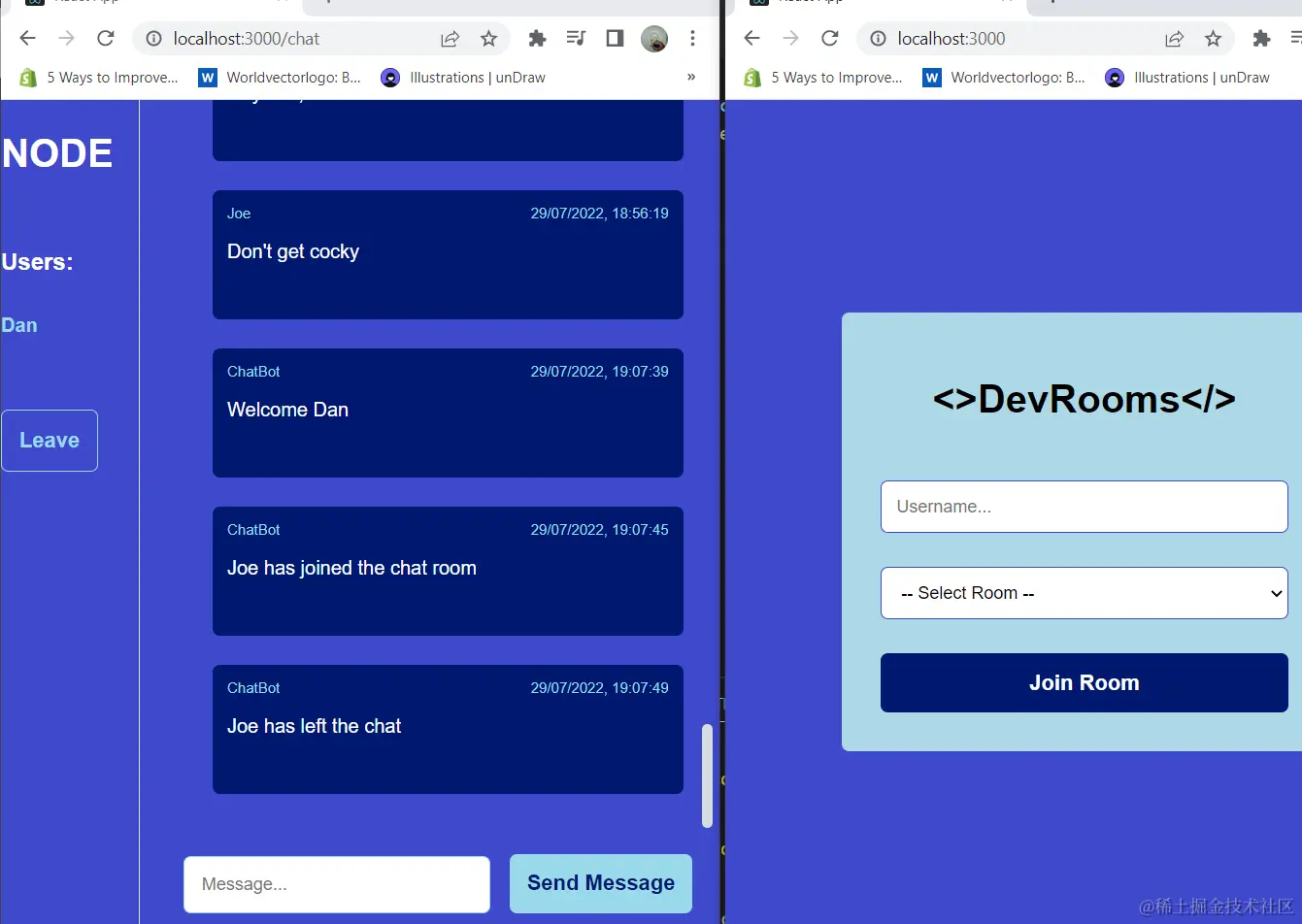 The user is removed from the chat when they click the Leave button