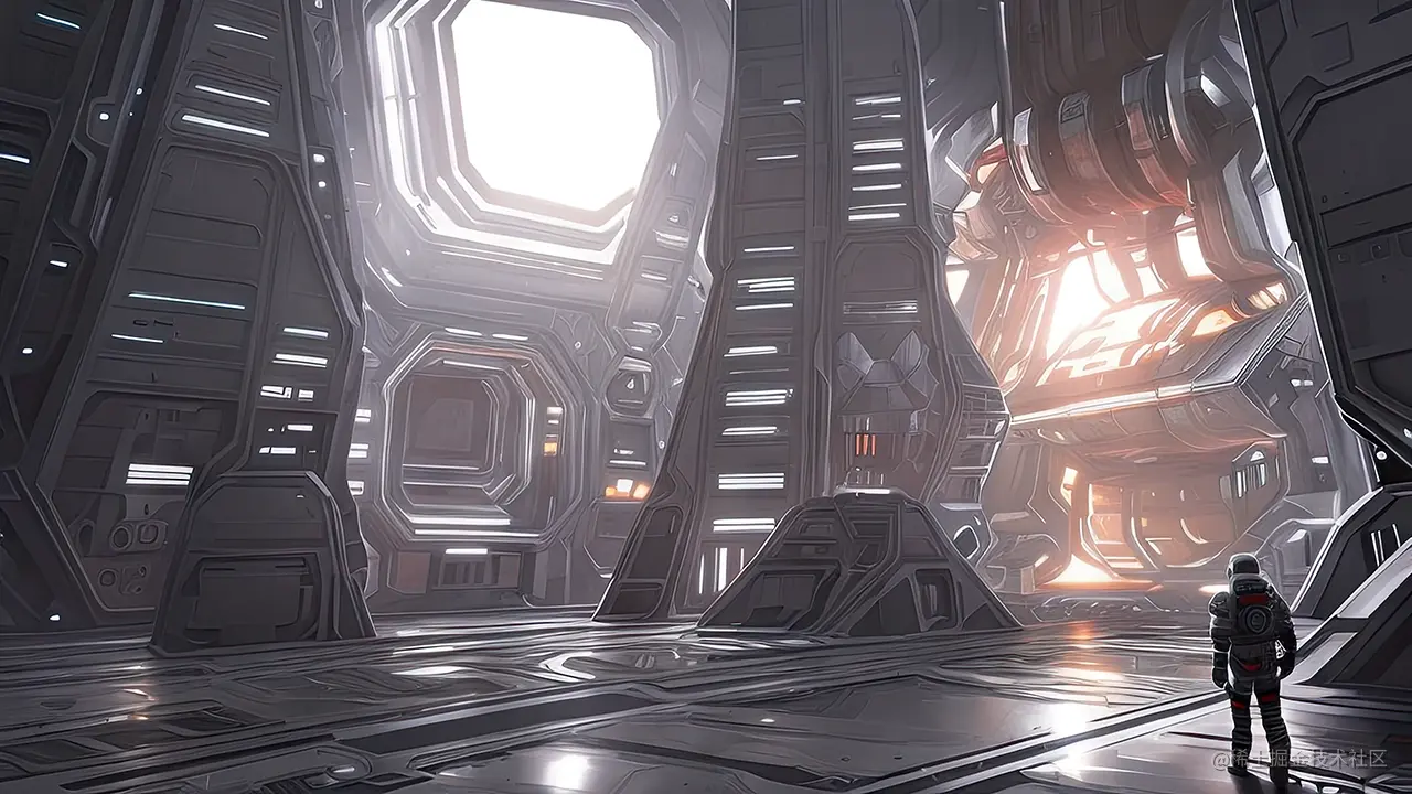 Image Prompt: A hyperrealistic painting of an astronaut inside of a massive futuristic metal mechawarehouse, cinematic, sci-fi, lens flares, rays of light, epic, matte painting, concept art, celestial, soft render, octane render, trending on artstation, 4k, 8k : 2 | blender, cropped, lowres, out of frame, blurry, bad art, blurred, text, disfigured, deformed : -2 / Stable Diffusion v.2.1 with CLIP Guidance ON