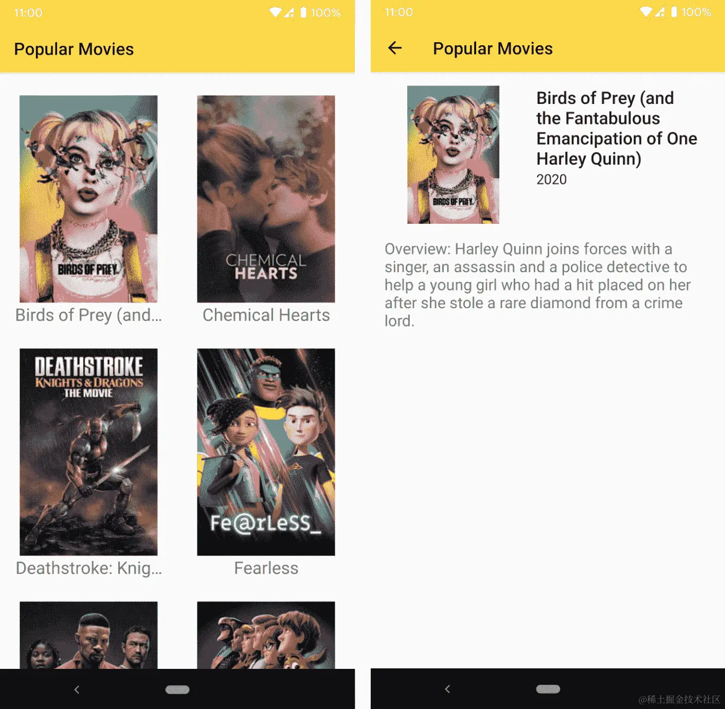 图 14.2：按标题排序的今年热门电影的主屏幕（左）和有关所选电影的详细信息的详细屏幕（右）