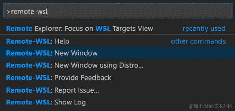 图 9.3 - 显示命令面板中的 Remote-WSL 命令的屏幕截图