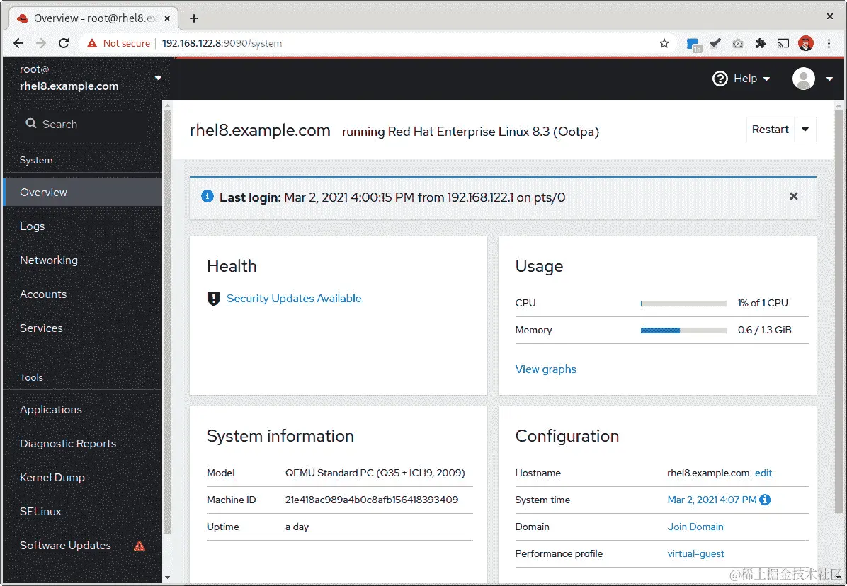 图 9.3 – Cockpit 初始界面和仪表板