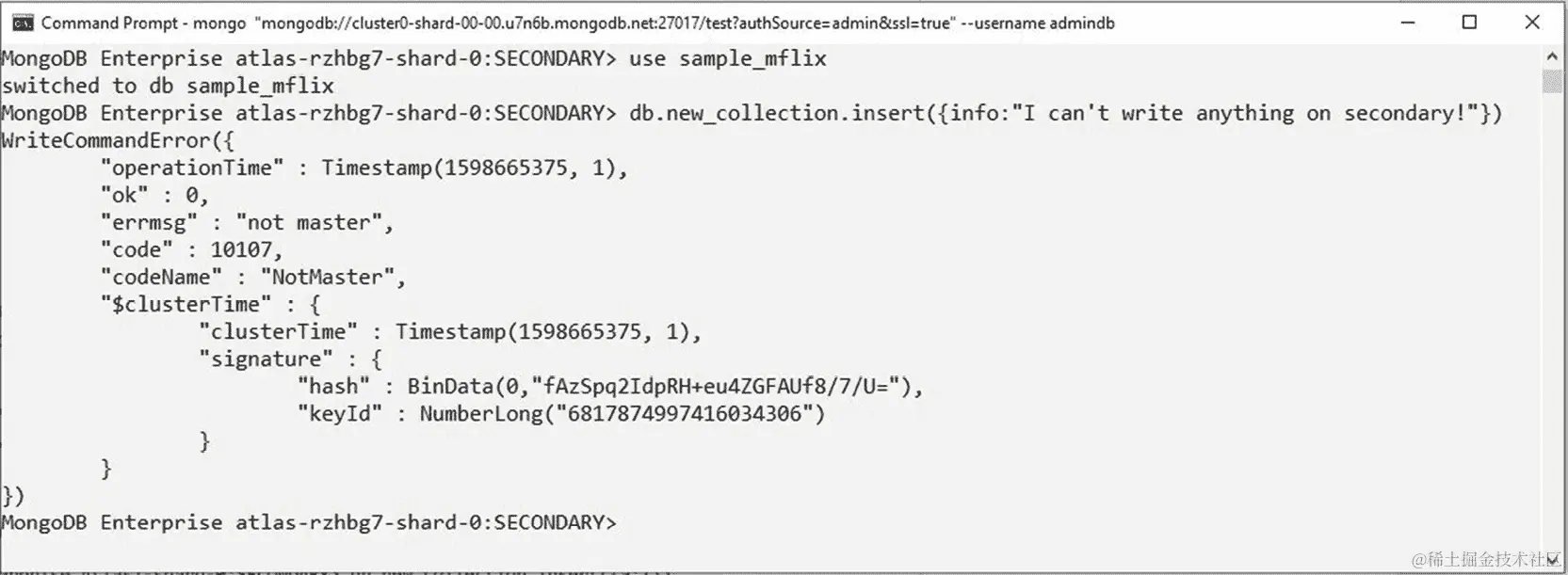 图 10.12：在 mongo shell 中获取“not master”错误消息