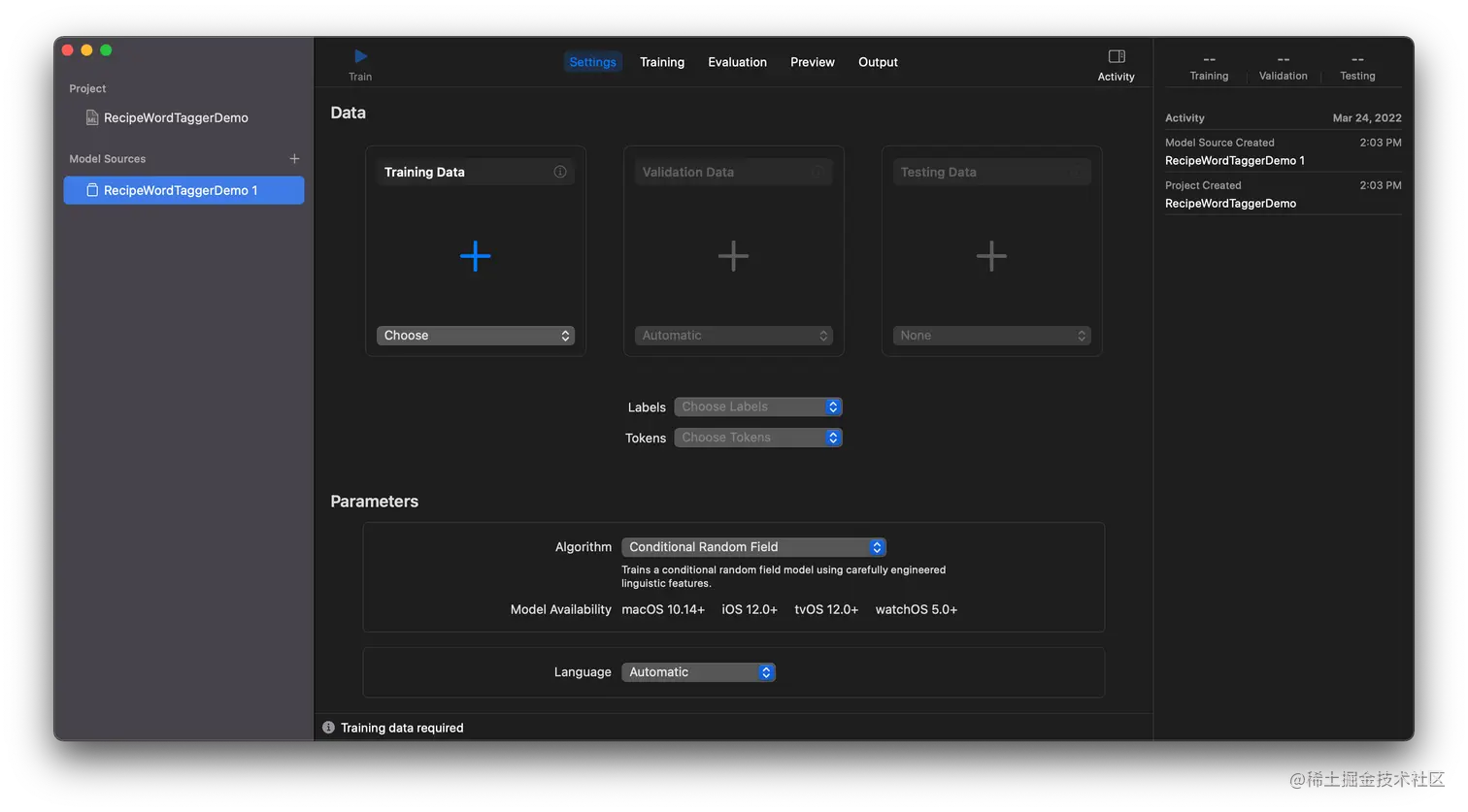 An empty Create ML project interface