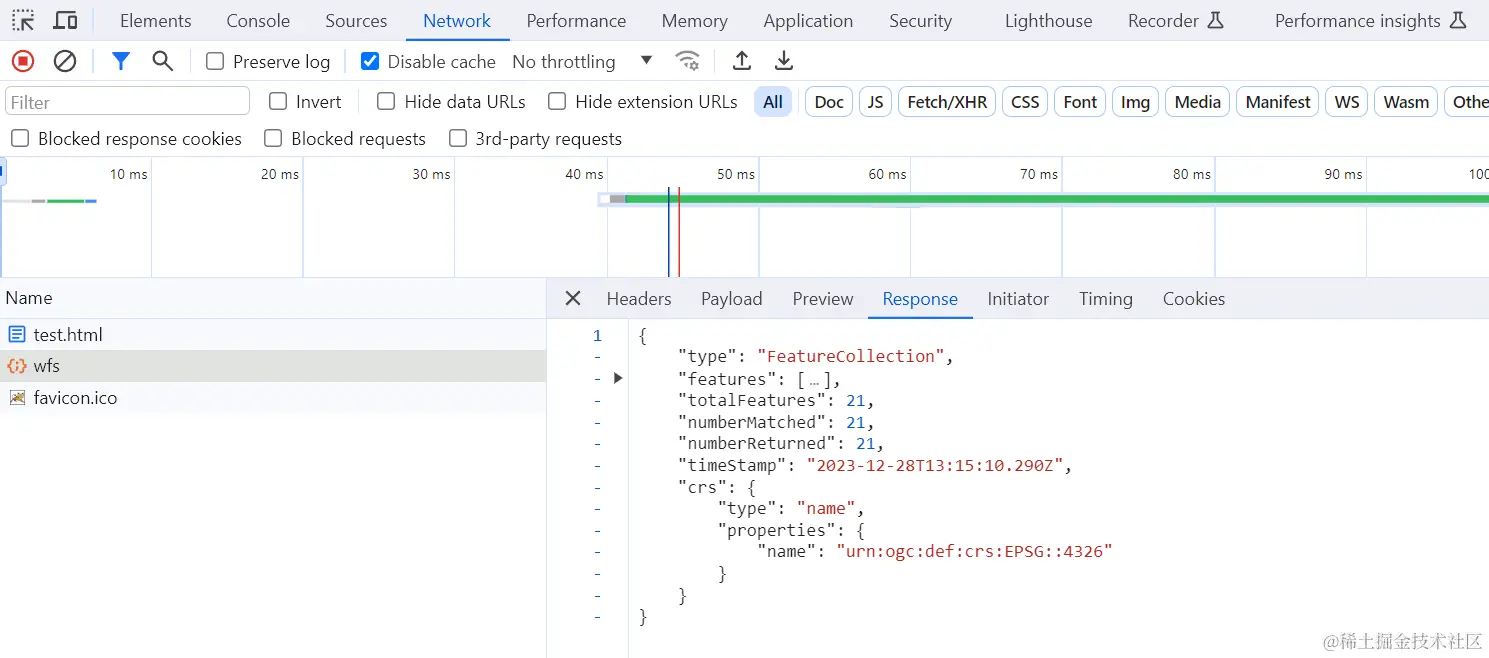 图8.39 WFS GetFeature使用Post请求返回信息