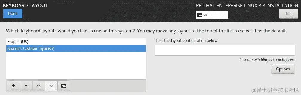 图 1.23 – RHEL8 安装 – 带有不同键盘的键盘选择对话框