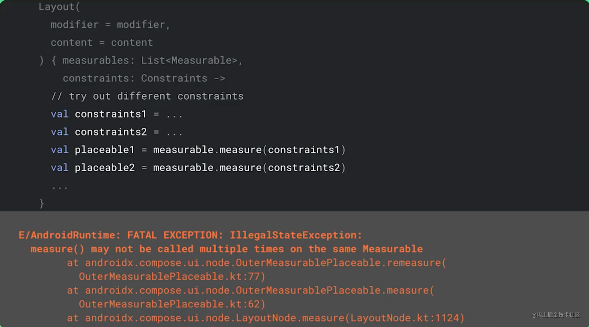 △ Compose will throw an exception when measuring an item repeatedly