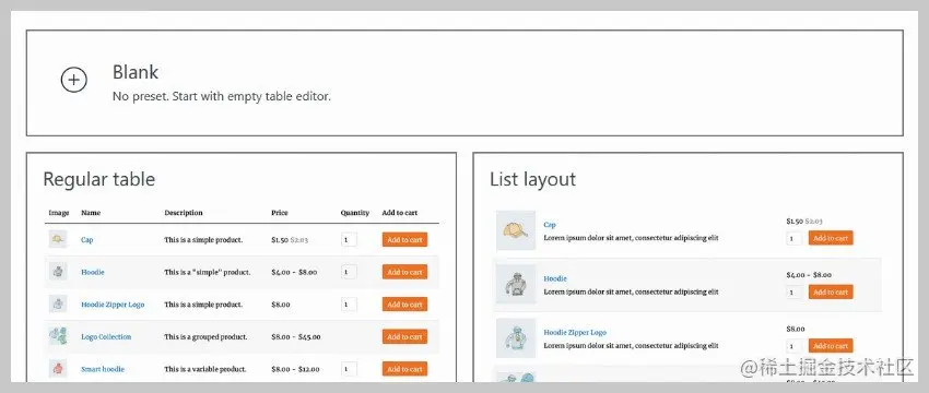 Product Table Templates