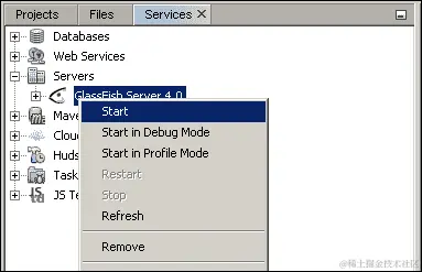 在 NetBeans 中启动 GlassFish 服务器