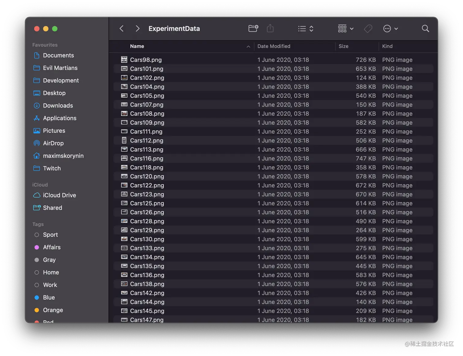 A selection from the 100 images of cars collected in a folder on macOS